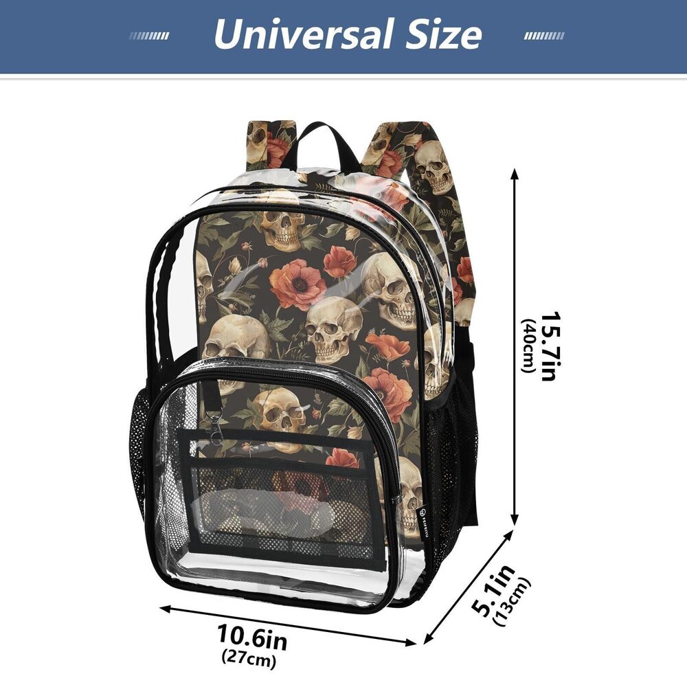 4135 Retro Skull Flowers Clear Backpack PVC Transparent Causal Daypack - Picture 4 of 6